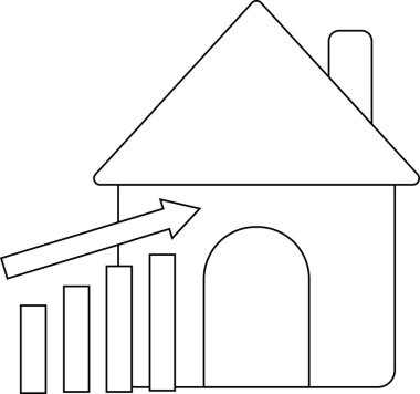 Beyaz arkaplan ve siyah çizgileri olan ev simgesi ve yükselen grafik simgesi
