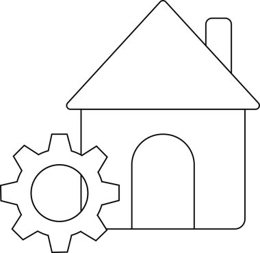 Beyaz arkaplanı ve siyah çizgileri olan ev simgesi ve vites simgesi