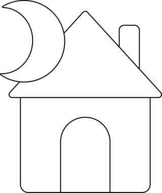 Beyaz arkaplanı olan ev ikonu ve hilal ikonu. Siyah çizgileri olan.