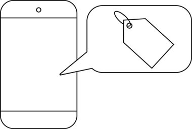 akıllı telefon simgesi ve fiyat etiketi simgesi beyaz arkaplan. Siyah çizgili