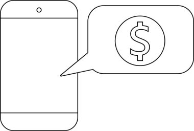Akıllı telefon simgesi ve dolar para simgesi beyaz arkaplan. Siyah çizgileri var.