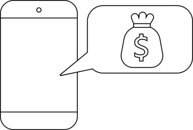 Akıllı telefon simgesi ve para çuvalı simgesi. Siyah çizgileri olan beyaz arkaplan.