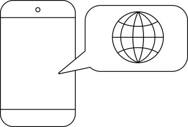 Akıllı telefon simgesi ve beyaz arkaplanı olan dünya simgesi. Siyah çizgileri olan