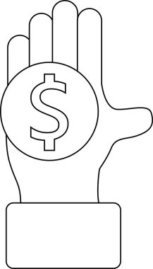 Avuç içi simgesi ve dolar madeni para simgesi siyah arkaplan. Siyah çizgileri var.