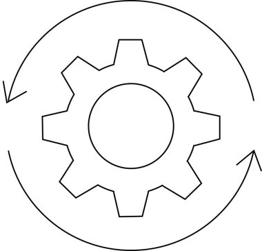 beyaz arkaplanda dönen oklu dişli simgesi. Siyah çizgileri var.