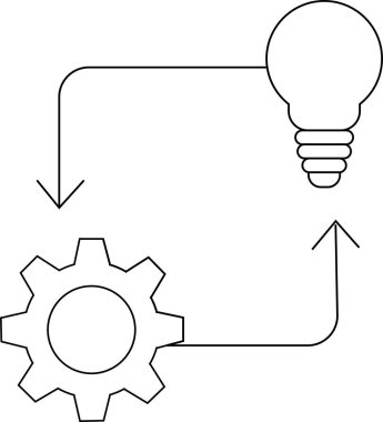 dişli simgesi ve beyaz arkaplanı olan ampul. Siyah çizgileri olan.