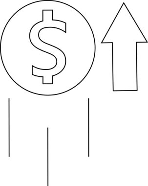 Dolar madeni para simgesi ve beyaz arkaplanı olan yukarı ok. Siyah çizgileri var.