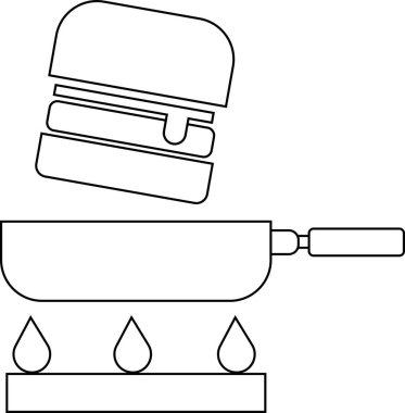Hamburger ve tava ikonu beyaz arka planda. Siyah çizgileri var.