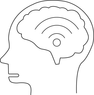 İnsan beyni simgesi ve kablosuz ağ simgesi. Beyaz arkaplan. Siyah çizgileri var.