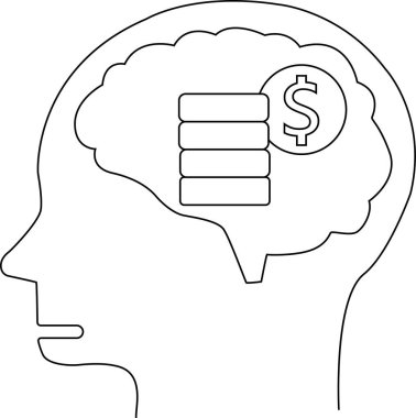 İnsan kafası simgesi ve para yığını simgesi beyaz arkaplan. Siyah çizgileri var.