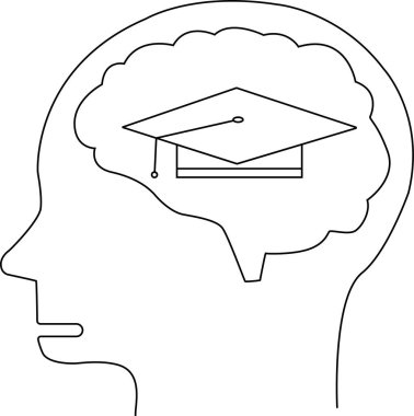 İnsan beyni simgesi ve siyah çizgileri olan beyaz arkaplan şapkalı mezuniyet ikonu.