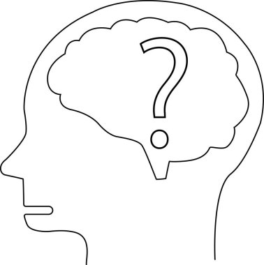 İnsan beyni simgesi ve soru işareti simgesi. Beyaz arkaplan. Siyah çizgiler.