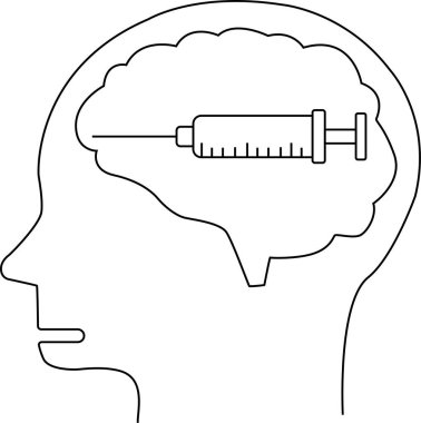 İnsan kafası simgesi ve siyah çizgileri olan beyaz arkaplan enjeksiyon ikonu.