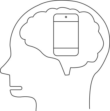 İnsan beyni simgesi ve beyaz arkaplanı olan akıllı telefon simgesi. Siyah çizgileri olan.