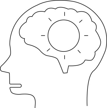 İnsan beyni simgesi ve beyaz arkaplan ve siyah çizgili güneş ikonu.