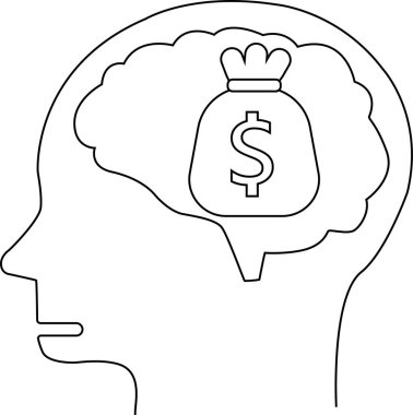 İnsan beyni simgesi ve beyaz arkaplan ve siyah çizgili çizgi film dolar simgesi.