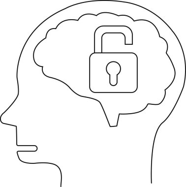 İnsan beyni simgesi ve siyah çizgileri olan beyaz arkaplan içeren asma kilit simgesi.