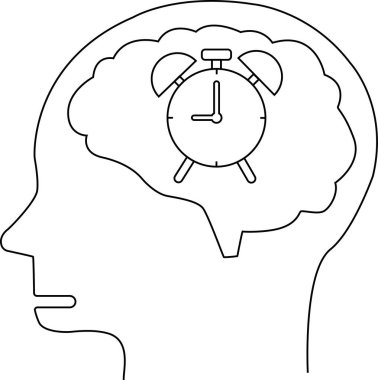 İnsan beyni simgesi ve alarm simgesi. Beyaz arkaplan. Siyah çizgileri var.