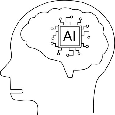 İnsan beyni ikonu ve beyaz arkaplanı olan yapay zeka işlemcisi. Siyah çizgileri olan.