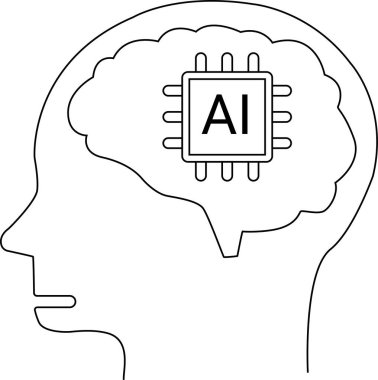 İnsan beyni ikonu ve beyaz arkaplanı olan yapay zeka işlemcisi. Siyah çizgileri olan.