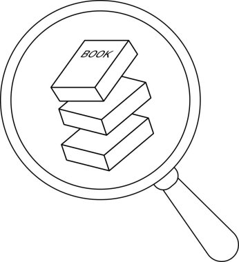 magnifying glass icon and stack of books icon.with black lines