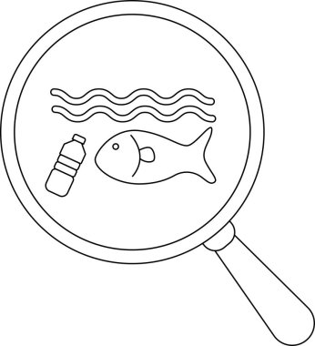 magnifying glass icon and bottle trash icon in the sea.with black lines