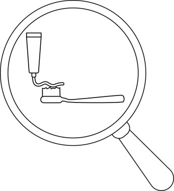 magnifying glass icon and toothpaste and toothbrush icon.with black lines