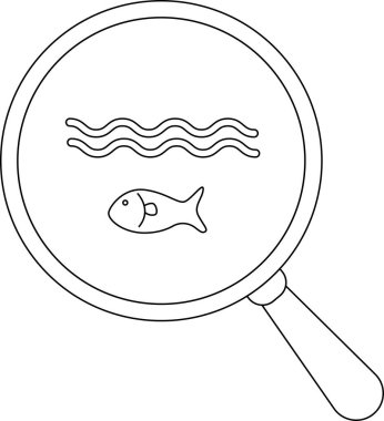 magnifying glass icon and fish icon in the sea.with black lines