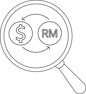magnifying glass icon and icon to convert US dollar coins to Malaysian ringgit coins.with black lines
