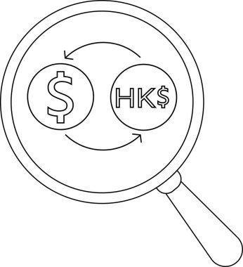 magnifying glass icon and icon to convert US dollar coins to Hong Kong dollar coins.with black lines