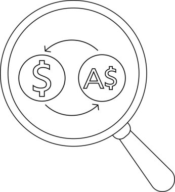 magnifying glass icon and icon to convert US dollar coins to Australian dollar coins.with black lines