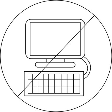 Yasak simge, bilgisayar ve klavye simgesinin çizimi. Siyah çizgili.