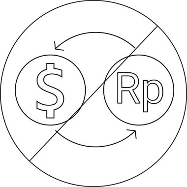 Yasak ikon ve dolar sikkelerini rupia sikkelerine çevirme ikonu. Siyah çizgileri olan.