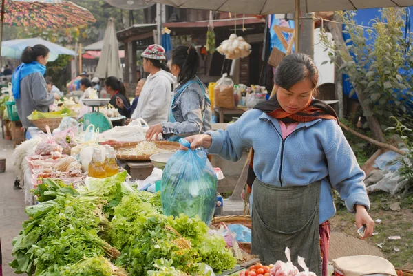 Luang Prabang Laos Februar 2007 Unbekannte Frauen Verkaufen Lebensmittel Auf — Stockfoto