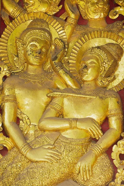 Detail Ancient Golden Exterior Wall Decoration Wat Xieng Thong Buddhist — Stock Photo, Image