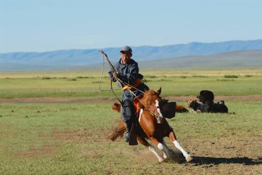 Harhorin, Moğolistan - 19 Ağustos 2006: Tanımlanamayan geleneksel kostüm giyen adam ata bir bozkır içinde geri Harhorin, Moğolistan'rides Moğol.