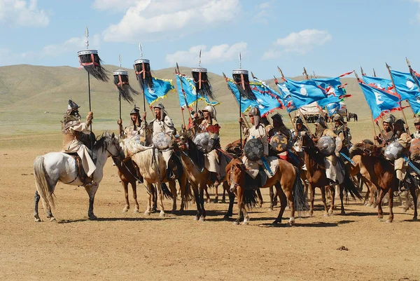 Ulaanbaatar Mongoliet Augusti 2006 Oidentifierade Mongoliska Ryttare Delta Traditionella Historiska — Stockfoto