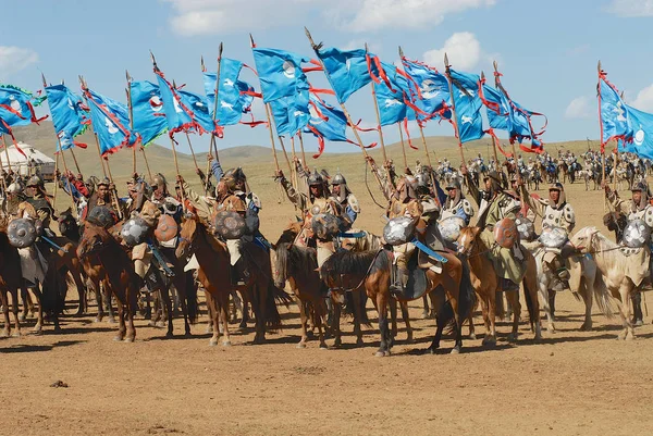 Ulaanbaatar Mongoliet Augusti 2006 Oidentifierade Mongoliska Ryttare Delta Traditionella Historiska — Stockfoto