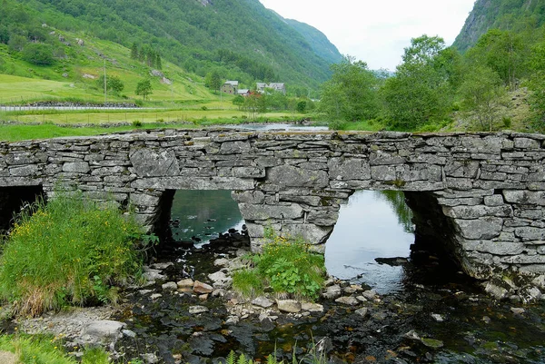 Summer landscape with an old stone bridge across the small river in rural Norway.