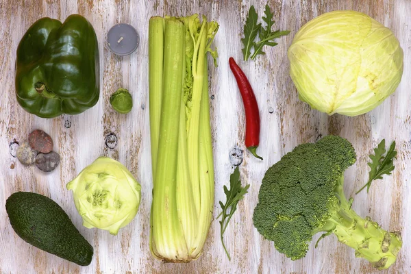 Set Vegetables White Painted Wooden Background Kohlrabi Pepper Cabbage Broccoli — Stock Photo, Image