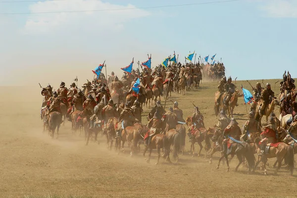 Ulaanbaatar Mongoliet Augusti 2006 Oidentifierade Mongoliska Ryttare Delta Traditionella Historiska — Stockfoto