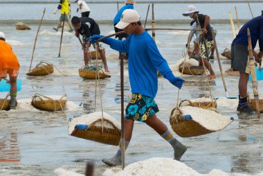 Huahin, Tayland - 13 Mayıs 2008: Kimliği belirsiz kişi tuz Huahin, Tayland için tuz çiftliğinde taşımak. Tuz üretimi Huahin alanında mütevazı gelir birçok yerel ailelerine getiriyor..  