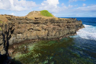 Güzel muskaları Pelerin'le mavi gökyüzü ve Hint Okyanusu dalgaları Mauritius Adası'nda.