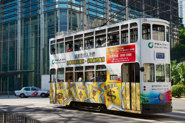 Hong Kong China September 2012 Double Decker Tram Passes Street — Stock Photo, Image