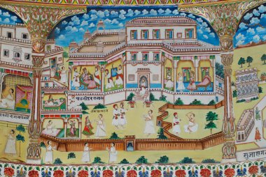 Bikaner, Hindistan - 01 Nisan 2007: Bikaner, Hindistan Laxmi Nath Hindu Tapınağı duvar resimlerinde detayını.