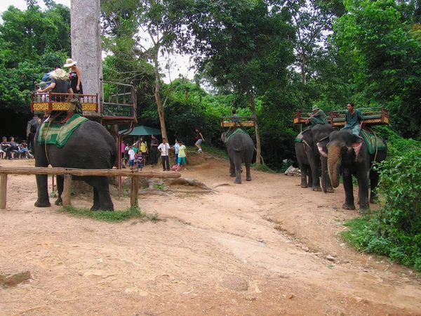 観光客はシェムリアップ、カンボジアのプノンバフェン寺院の隣に象の乗り物を楽しみます. — ストック写真