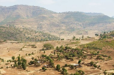 Gondar yakınlarındaki vadide saman çatılı geleneksel Etiyopya ahşap köy evleri, Etiyopya.