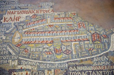 Fragment of the oldest floor mosaic map of the Holy Land in Greek Orthodox Basilica of St. George in Madaba, Jordan. clipart