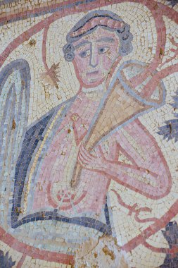 Um ar-Rasas, Ürdün'de bir arkeolojik sitede Saint Stevens Kilisesi kalıntıları antik Roma zemin mozaik parçası. Unesco Dünya mirası.