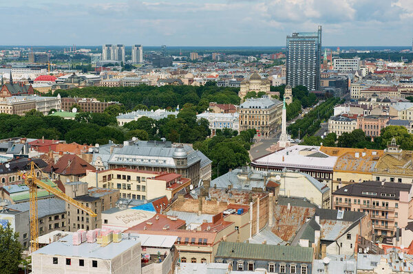 Riga, Latvia - August 04, 2009: Panorama of the old town buildings from the St. Peter's church in Riga city, Latvia.